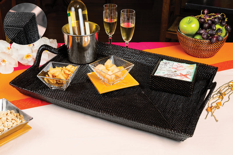 Rectangular Serving Tray, Slanted Sides, Base Reinforced with Wrought Iron, Black