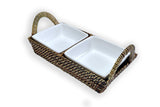 Two white ceramic bowls in a woven brown tray on a white background