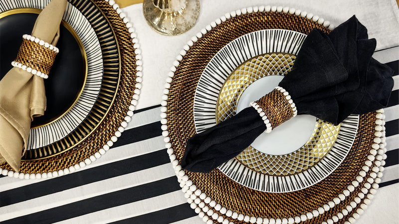 Round Placemat and Napkin Ring, With White Wood Beads, Set of 4