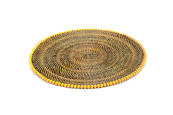 Round Placemat 14", With Yellow Wood Beads, Set of 4
