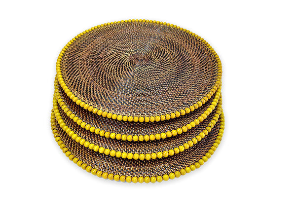 Round Placemat 14", With Yellow Wood Beads, Set of 4