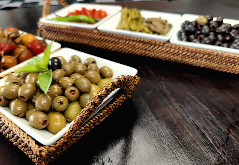 Handwoven Crudité Tray – Classic Size, with 3 Porcelain Dishes