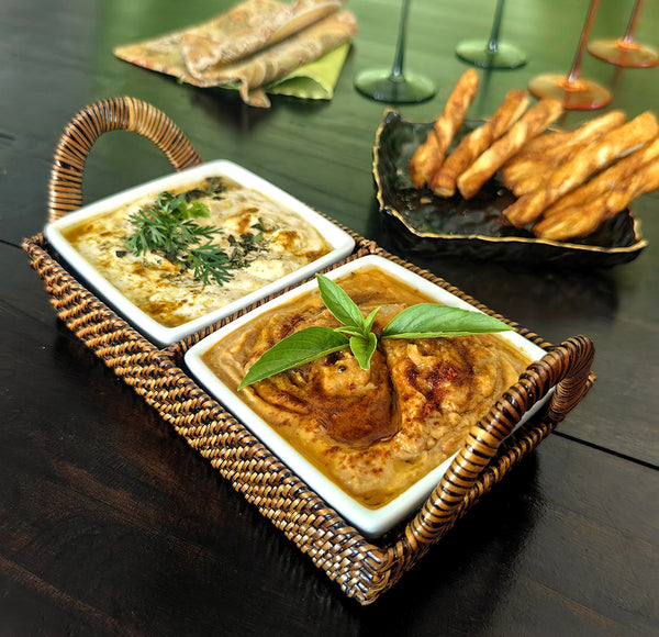 Handwoven Crudité Tray – Compact Size, with 2 Porcelain Dishes