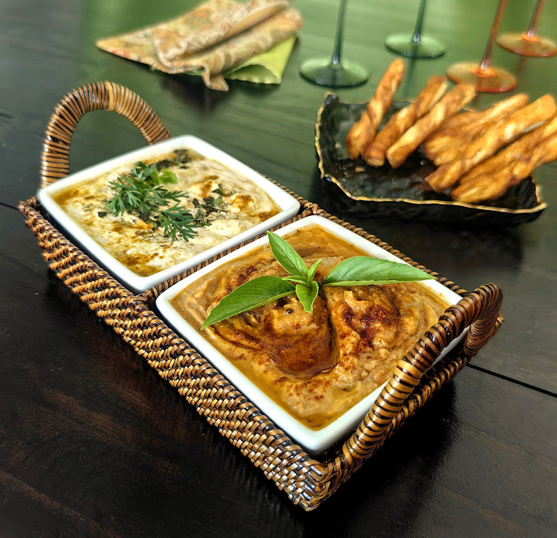 Handwoven Crudité Tray – Compact Size, with 2 Porcelain Dishes