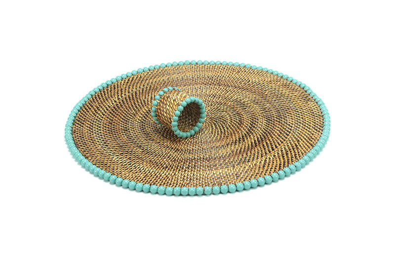 Round Placemat and Napkin Ring, With Aqua Wood Beads, Set of 4