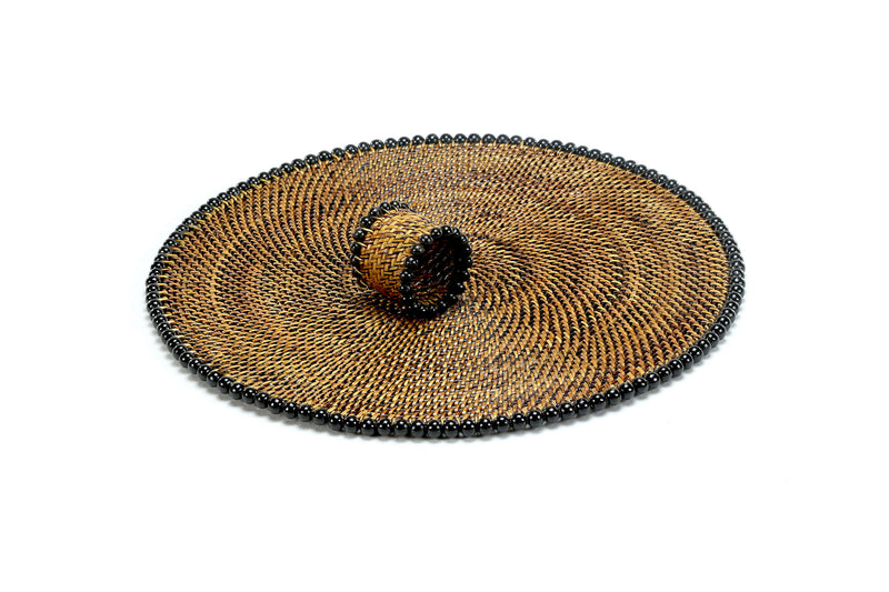 Round Placemat and Napkin Ring, With Black Wood Beads, Set of 4