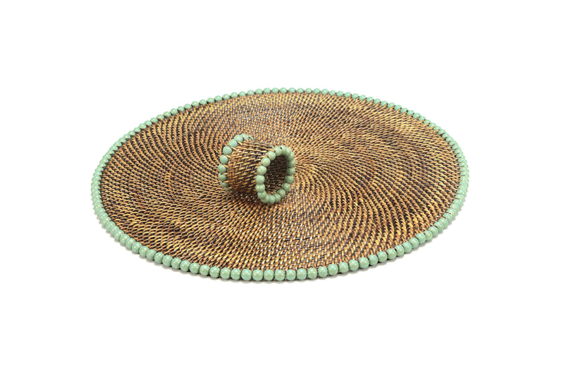 Round Placemat and Napkin Ring, With Light Mint Gold Wood Beads, Set of 4