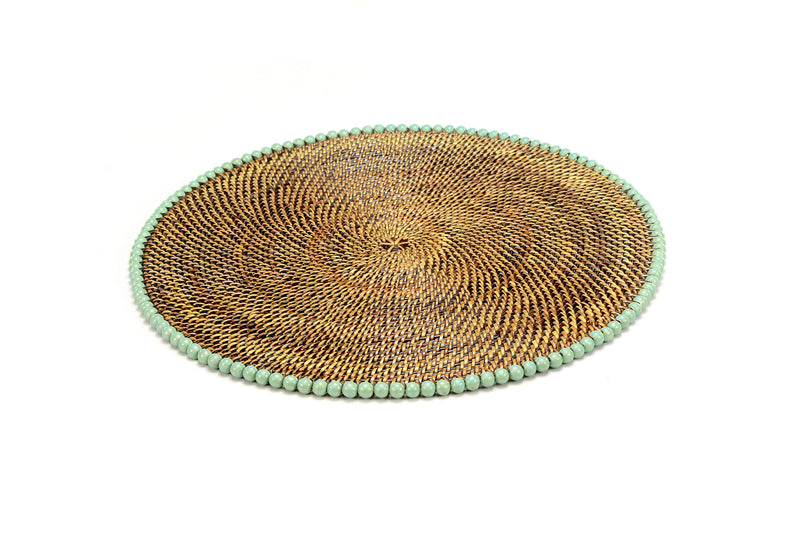 Round Placemat 14", With Light Mint Gold Wood Beads, Set of 4