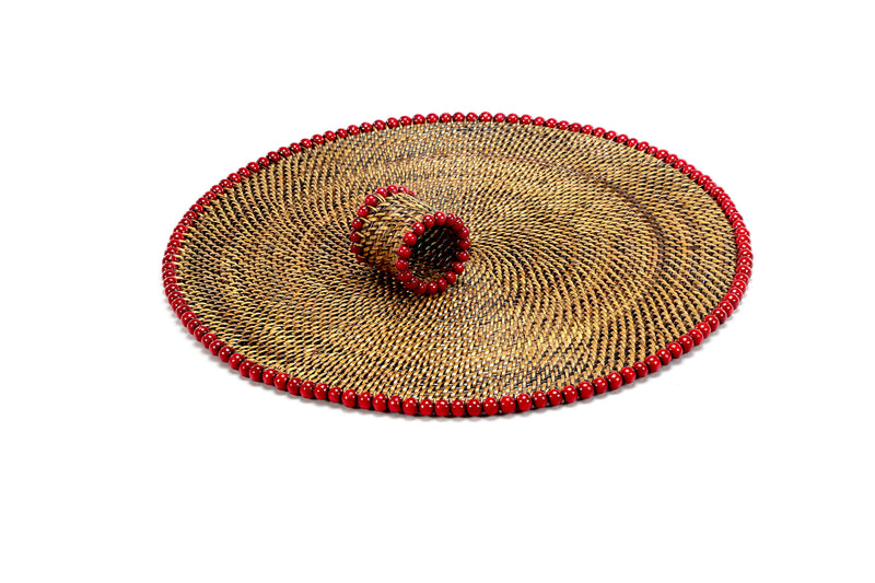 Round Placemat and Napkin Ring, With Red Wood Beads, Set of 4